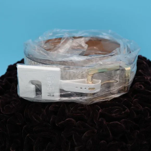 Michael Kors Vanilla Logo Signature Faux Leather Gold Buckle Belt, Size Large - Picture 13 of 14